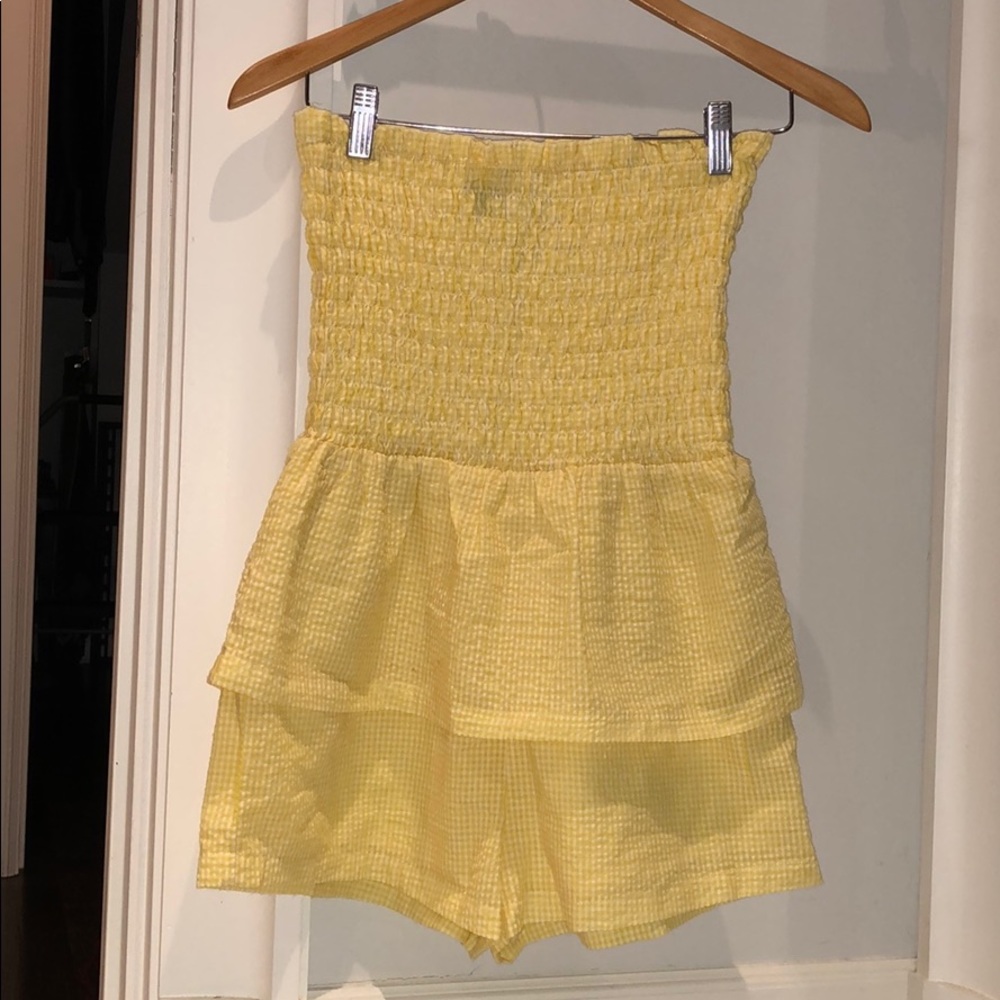 Mink pink strapless yellow gingham romper